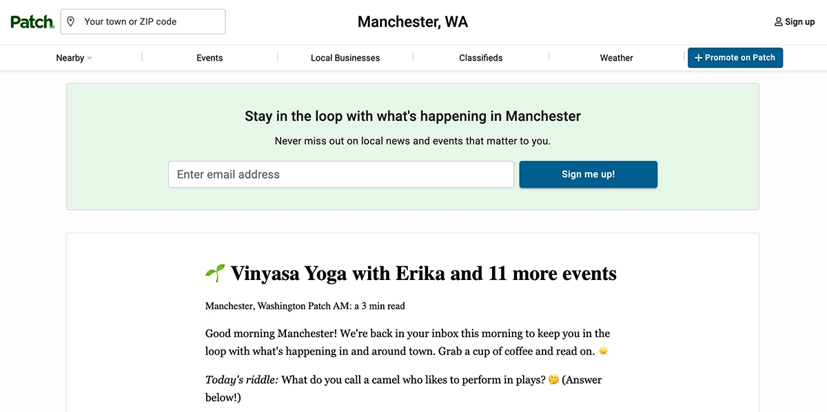 An example PatchAM newsletter, targeted locals in Manchester, Washington